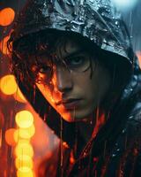 a young man in the rain wearing a hoodie generative ai photo