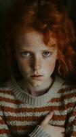 un joven niña con rojo pelo y pecas generativo ai foto