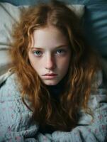 un joven niña con rojo pelo tendido en cama generativo ai foto