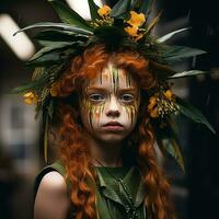 a young girl with red hair and green face paint generative ai photo