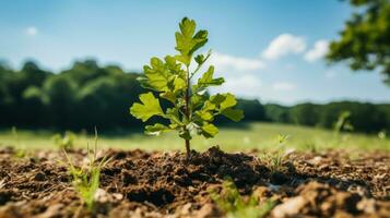 a young oak tree sprouting from the ground in the middle of a field generative ai photo