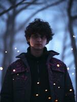 a young man with curly hair standing in front of some trees generative ai photo