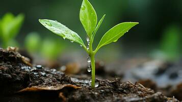 a young plant sprouting from the ground with water droplets on it generative ai photo