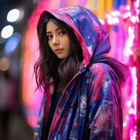 a young woman in a colorful jacket standing in front of neon lights generative ai photo