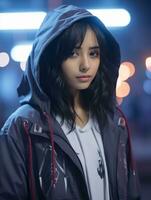a young woman in a hoodie and jacket standing in the street at night generative ai photo