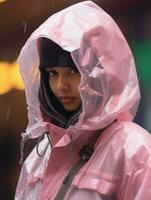 a young woman in a pink raincoat standing in the rain generative ai photo