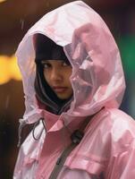 un joven mujer en un rosado impermeable en pie en el lluvia generativo ai foto