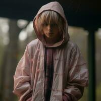 a young woman in a pink jacket standing in the woods generative ai photo