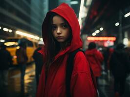 un joven mujer en un rojo capucha en pie en el medio de un ciudad calle generativo ai foto