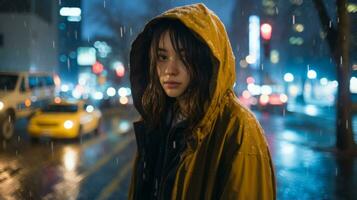 a young woman in a rain jacket standing in the street at night generative ai photo
