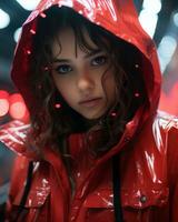 un joven mujer en un rojo impermeable generativo ai foto