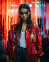 a young woman in a red jacket standing in front of a wall of colorful streamers generative ai photo