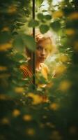 a young woman is hiding behind a tree in the woods generative ai photo