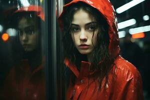 a young woman in a red raincoat standing in front of a mirror generative ai photo