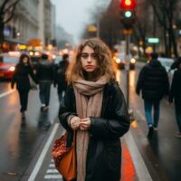 un joven mujer en pie en un ciudad calle en el lluvia generativo ai foto