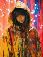 a young woman wearing a yellow raincoat in front of colorful lights generative ai photo