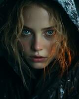 a young woman with blue eyes in the rain generative ai photo