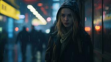 un joven mujer es en pie en el lluvia a noche generativo ai foto