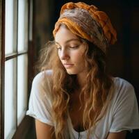 a young woman wearing a turban and looking out the window generative ai photo