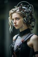 a young woman wearing a helmet with wires attached to it generative ai photo