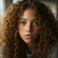 a young woman with curly hair looking into the camera generative ai photo