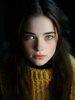 a young woman with blue eyes and a yellow sweater generative ai photo