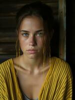 a young woman with green eyes and a yellow shirt generative ai photo