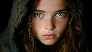 a young woman with green eyes in a hood generative ai photo
