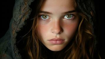 a young woman with green eyes in a hood generative ai photo