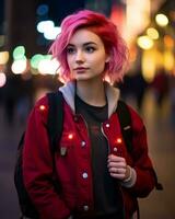 a young woman with pink hair and red jacket standing in the city at night generative ai photo