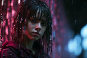 a young woman with wet hair standing in the rain generative ai photo