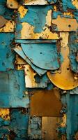 abstract blue and yellow peeling paint on a wall generative ai photo