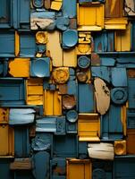 abstract blue and yellow painted wall with many different types of doors generative ai photo