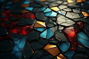 abstract shattered glass background with red blue and gold colors generative ai photo