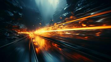 an abstract image of a train going through a tunnel at night generative ai photo