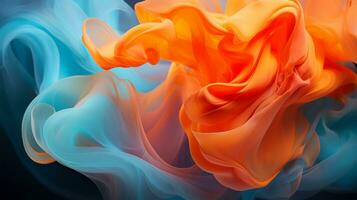 an abstract image of orange and blue smoke on a black background generative ai photo