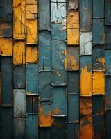 an abstract painting of a wall with blue orange and yellow paint generative ai photo