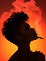 an african american woman smoking a cigarette on an orange background generative ai photo