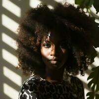 an african american woman with an afro in front of a plant generative ai photo