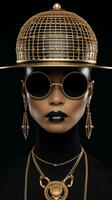 an african american woman in a gold hat and sunglasses generative ai photo