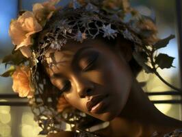 an african american woman with flowers on her head generative ai photo