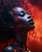 an african woman with red hair and smoke coming out of her head generative ai photo