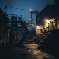 an alley at night with stairs leading up to a building generative ai photo