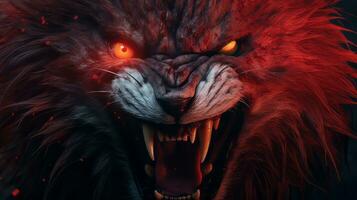 un enojado león con rojo ojos en un oscuro antecedentes generativo ai foto