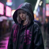 an asian woman in a rain jacket standing in the middle of a city street generative ai photo