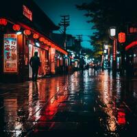 an asian street at night with people walking in the rain generative ai photo