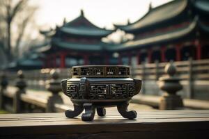 an asian style incense burner on a wooden table generative ai photo