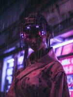 an asian woman in a kimono standing in the rain generative ai photo