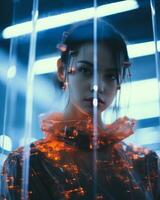 an asian woman in a transparent jacket standing in front of a glass wall generative ai photo