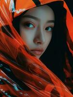 an asian woman wearing an orange and black wrap generative ai photo